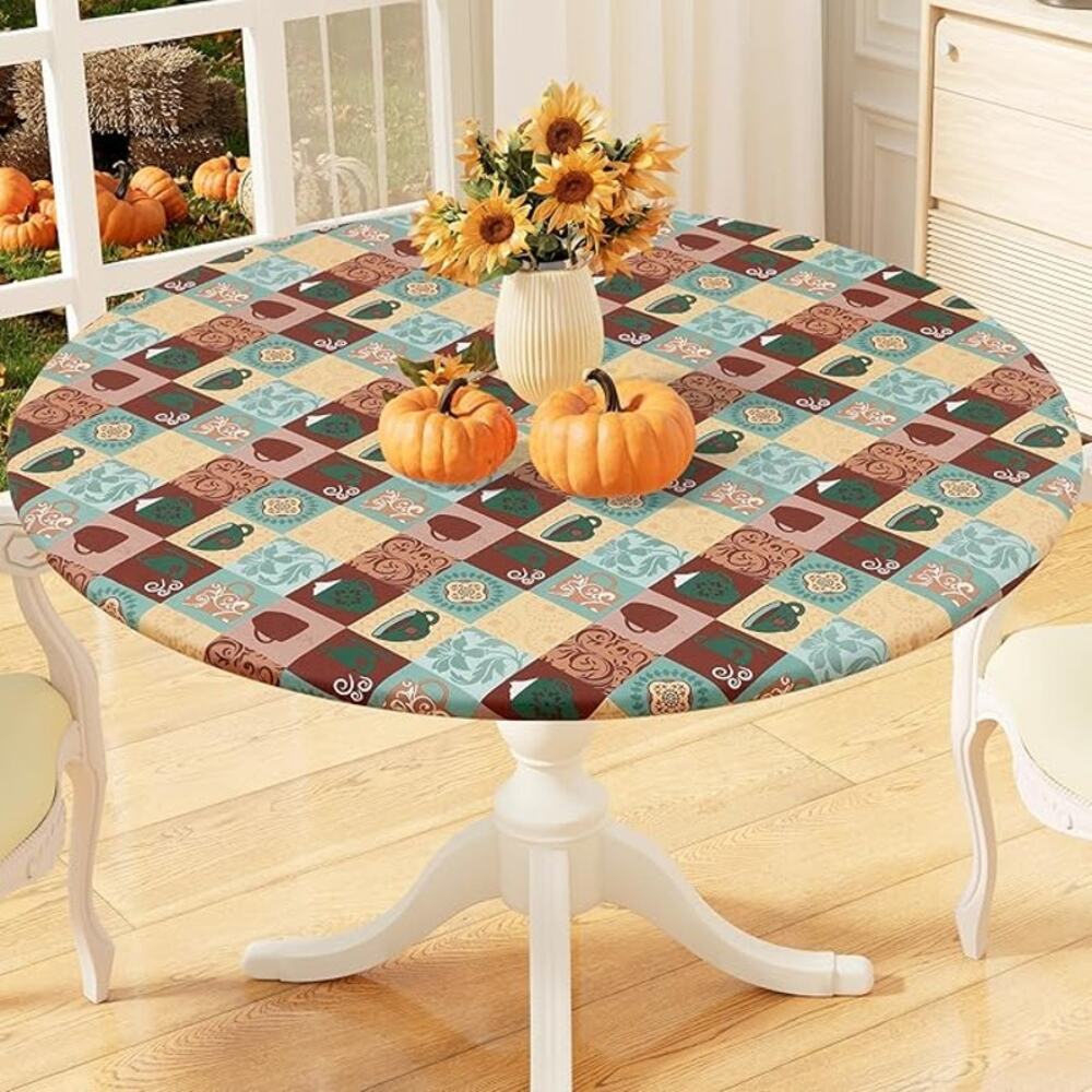 Round Fitted Waterproof Round Tablecloth with Elastic Edge, Patterned Cups